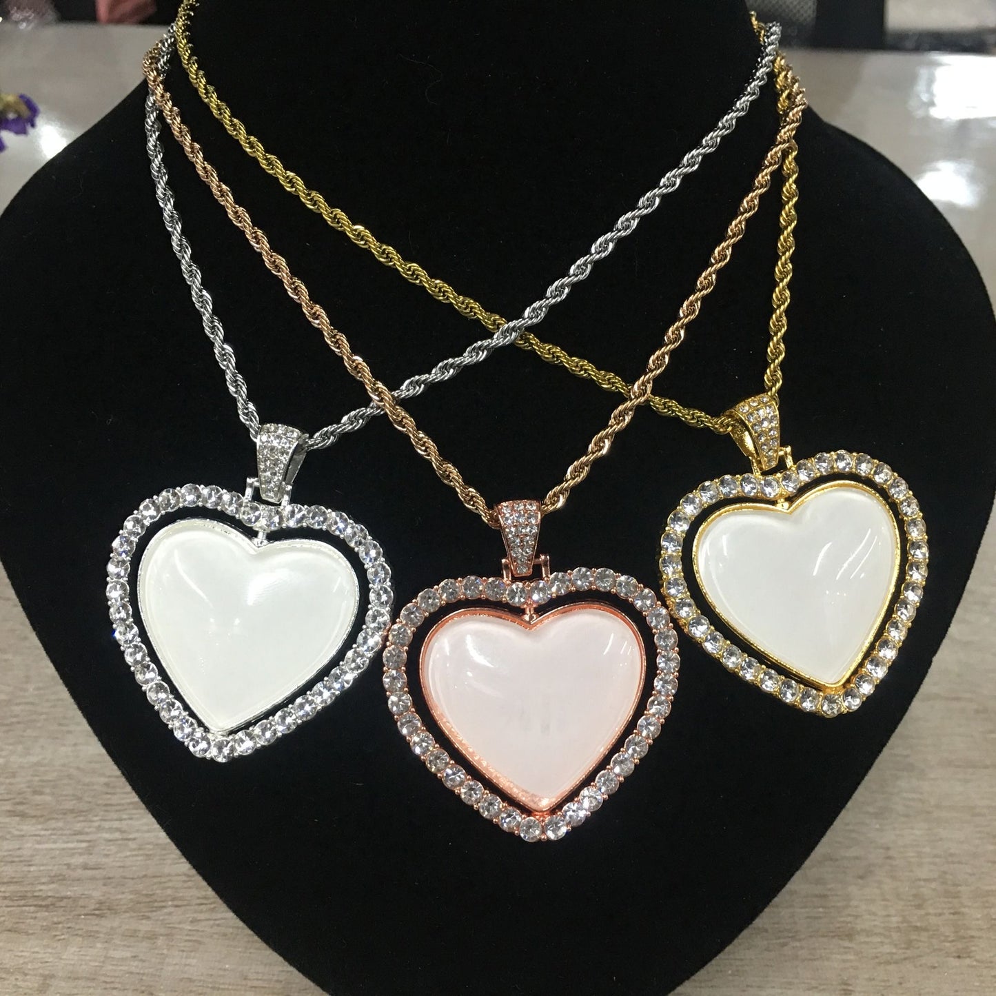Heart Double Sided Rotating Sublimation Necklace w/ Crystal