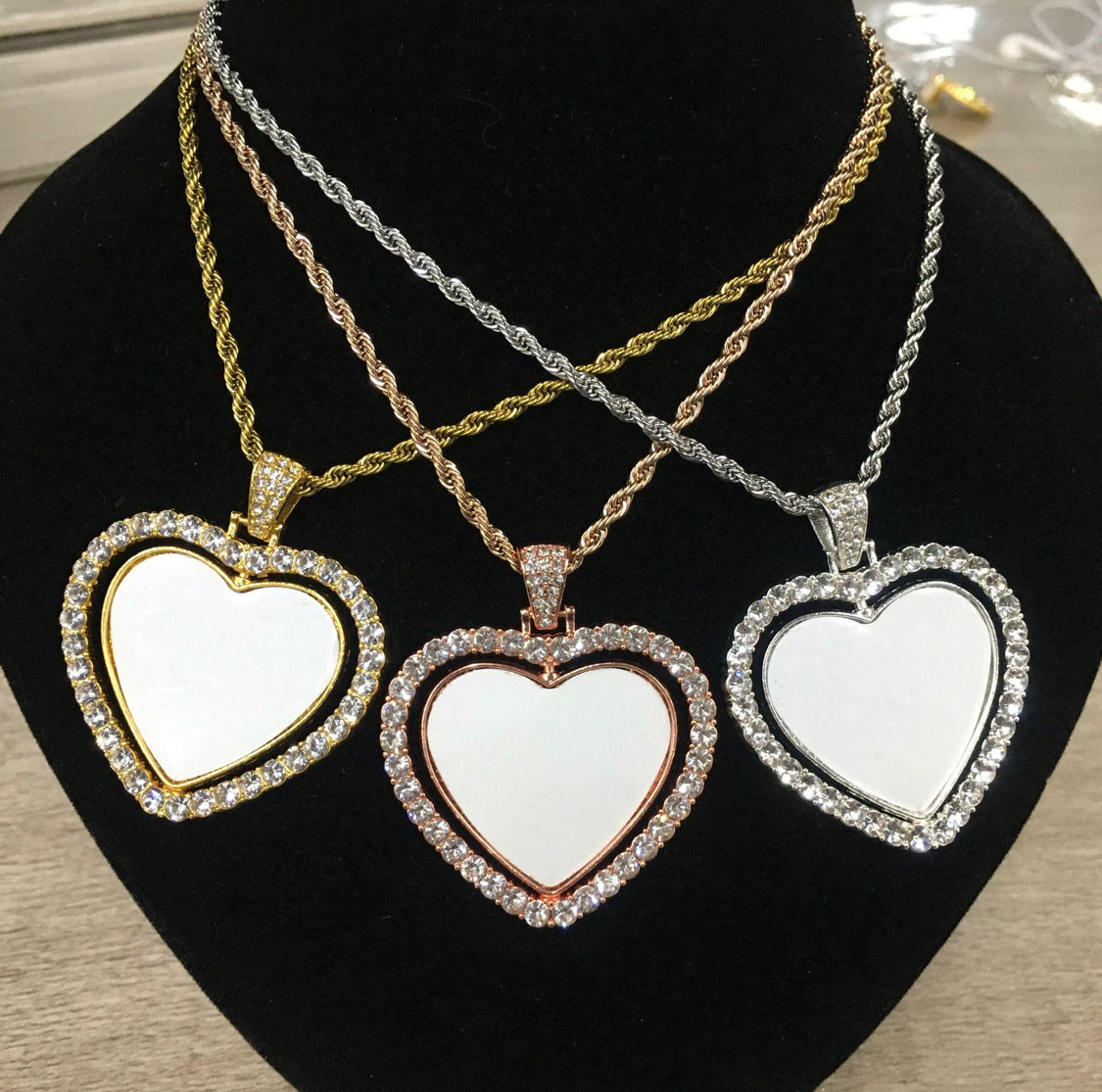 Heart Double Sided Rotating Sublimation Necklace w/ Crystal