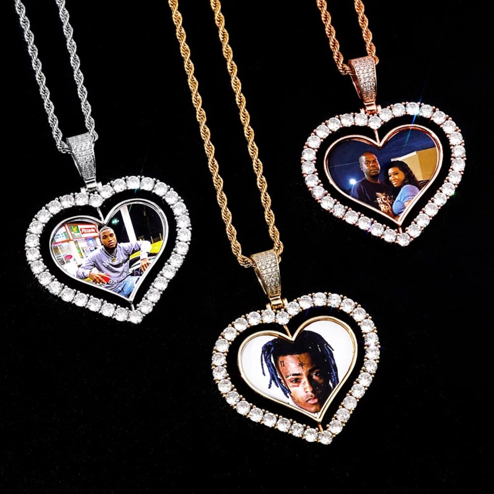 Heart Double Sided Rotating Sublimation Necklace w/ Crystal