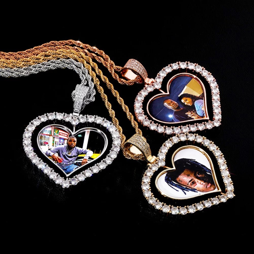 Heart Double Sided Rotating Sublimation Necklace w/ Crystal