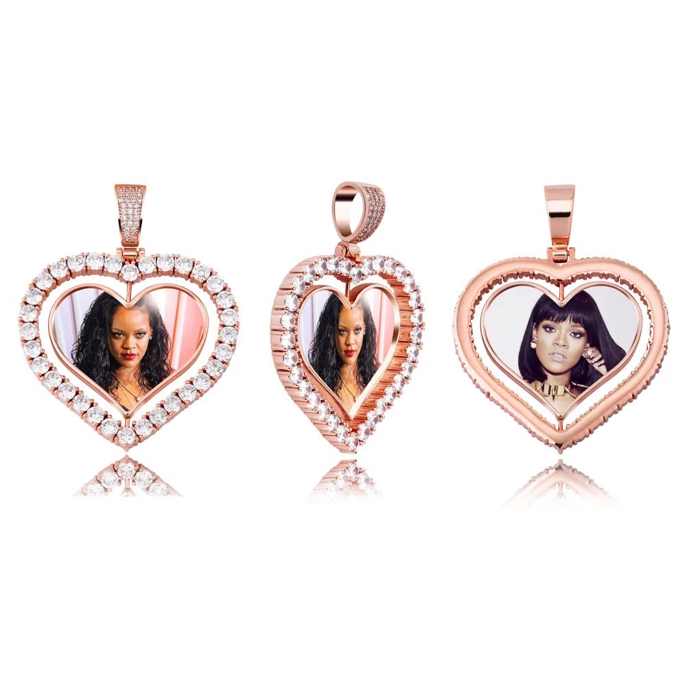 Heart Double Sided Rotating Sublimation Necklace w/ Crystal