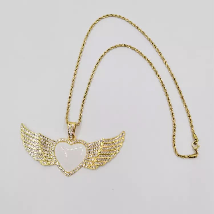 Double Angel Wing Heart Sublimation Necklace w/ Crystal