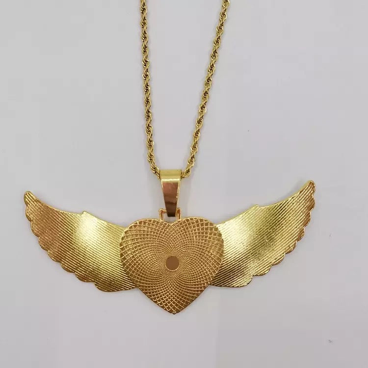 Double Angel Wing Heart Sublimation Necklace w/ Crystal