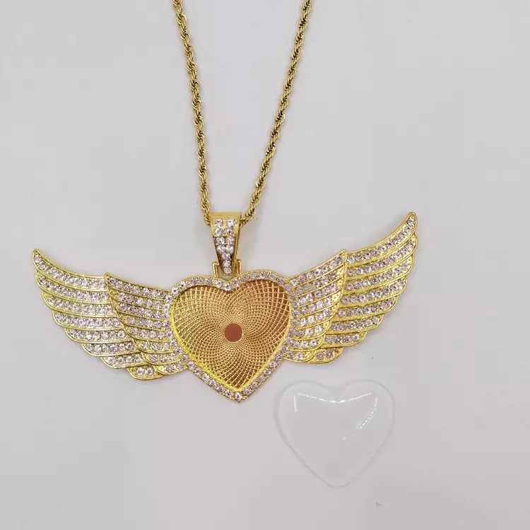 Double Angel Wing Heart Sublimation Necklace w/ Crystal