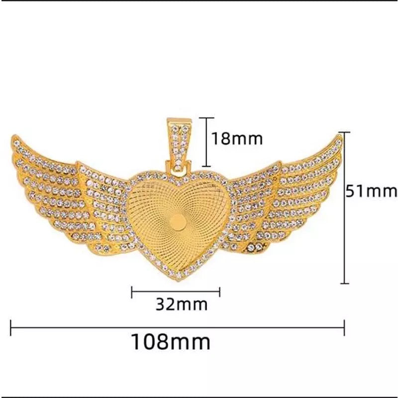 Double Angel Wing Heart Sublimation Necklace w/ Crystal