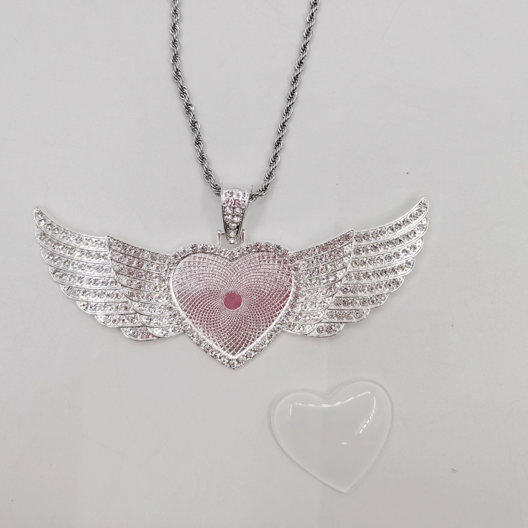 Double Angel Wing Heart Sublimation Necklace w/ Crystal