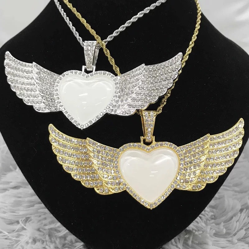 Double Angel Wing Heart Sublimation Necklace w/ Crystal