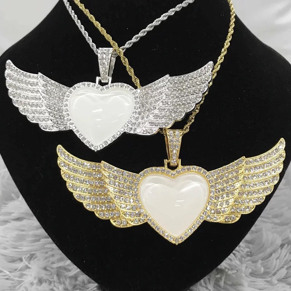 Double Angel Wing Heart Sublimation Necklace w/ Crystal